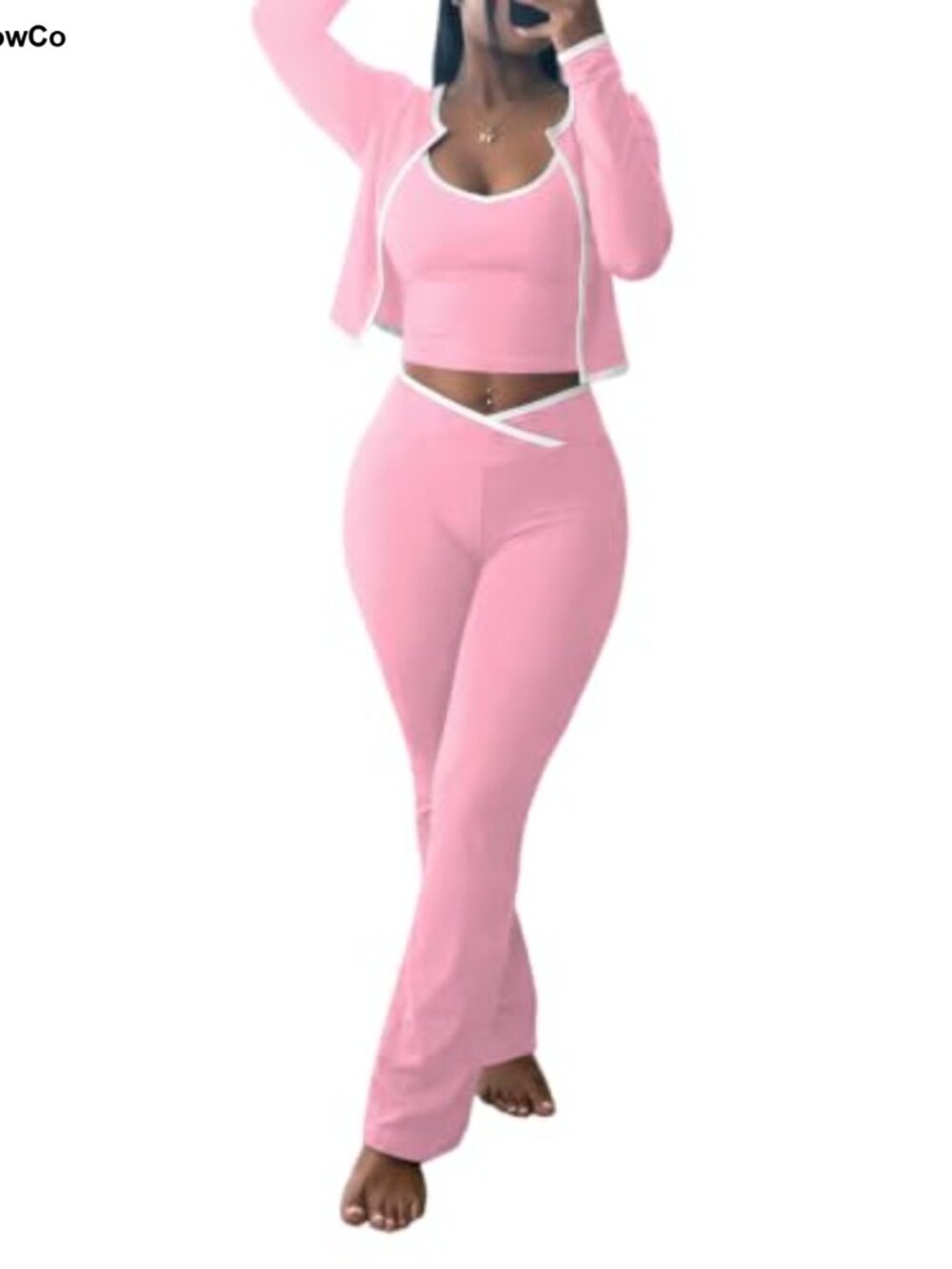Women 3 Piece Workout Set Crop Jacket Tank Flare Pants